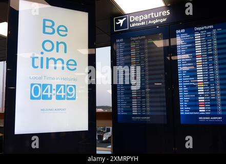 Electronic airport notice board for arrival and departure flights. Be on time notice Stock Photo