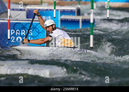 Paris, France. 29th July, 2024. Sideris Tasiadis of Team Germany competes during the Men's Canoe Single Final on day 3 of the Olympic Games Paris 2024 at Vaires-Sur-Marne Nautical Stadium in Paris, France, on July 29, 2024. Photo: Igor Kralj/PIXSELL Credit: Pixsell/Alamy Live News Stock Photo