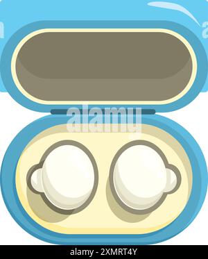 Blue wireless earbuds charging case open and lying on white background Stock Vector