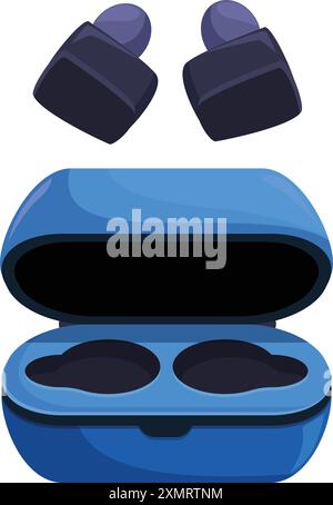 Open blue wireless earbuds case is floating above, showing the charging ports Stock Vector