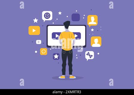 Man Interacting with Multimedia Icons Stock Vector
