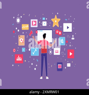 Man Interacting with Multimedia Icons Stock Vector
