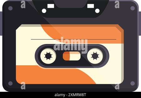 Black and orange audio cassette tape playing music, isolated over white background Stock Vector