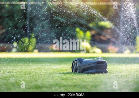 An automated lawnmower navigates across lush green grass, with water spraying gently from sprinklers. The sunlight filters through the trees, casting Stock Photo