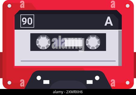 Red audio cassette tape playing music, a nostalgic symbol of the 80s and 90s Stock Vector