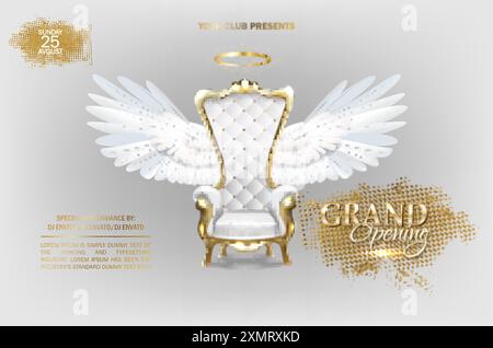 Grand opening invitation design template with brilliant lighting effects, a luxurious armchair with angel wings and text. Stock Vector