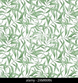 Green leaf branches. Seamless pattern of olive leaves. Oleander twigs. Tropical botanical ornate. Watercolor illustration of summer greenery Stock Photo