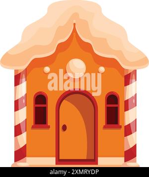 Cute gingerbread house standing with snow on roof, candy canes, round sugar candies, fairytale building Stock Vector