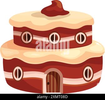 Two story gingerbread house covered in white frosting with circular windows and a chocolate swirl on top Stock Vector