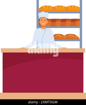Baker smiling standing behind counter, fresh bread arranged on shelves in the background Stock Vector