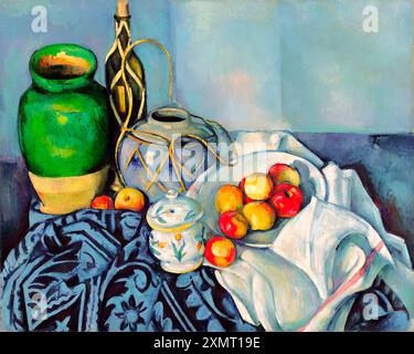 Still Life with Apples  by Paul Cezanne. A classic still life painting featuring a collection of objects on a table, including a green vase, a decorat Stock Photo