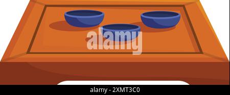 Wooden tea ceremony table holding three blue teacups, ready for a traditional tea ritual Stock Vector