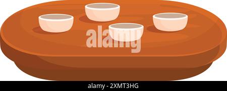 Wooden tea table holding four cups for traditional ceremony Stock Vector