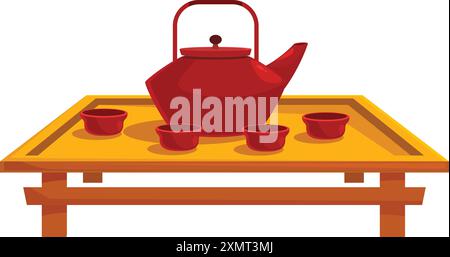 Red teapot and cups standing on wooden tray, preparing for traditional tea ceremony Stock Vector