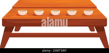 Five teacups are carefully placed on a wooden table, ready for a traditional tea ceremony Stock Vector
