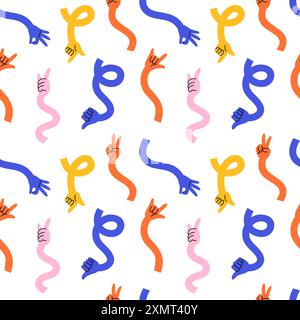 Multicolor curved hands seamless pattern. Long flexible arms. Weaving and twisting body parts. Elastic tangled limbs. Different gestures. Pointing Stock Vector