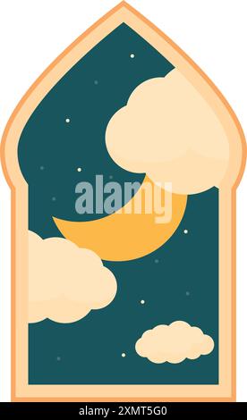 Crescent moon shining over clouds in an arabian window at night Stock Vector