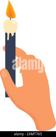 Hand is holding a tall burning candle with melted wax dripping down the ...