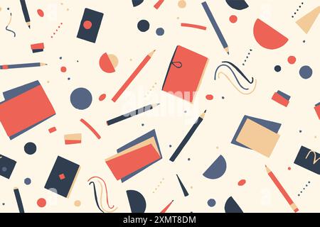 School stationery items seamless pattern. Back to school print wallpaper education stuff workbook pencils pet rubber vector illustration isolated Stock Vector