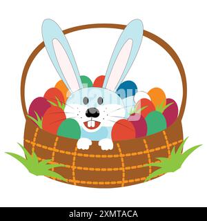 Cute Easter rabbit sitting in a basket full of colorful Easter eggs Vector illustration Easter logo sticker Stock Vector