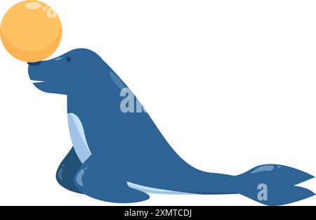 Blue cartoon seal balancing a yellow ball on its nose. Circus seal ...