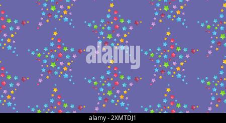 Pattern of small colorful stars forming large star shapes on a purple background. For textiles, children's room wall decor, wallpaper. Stock Vector