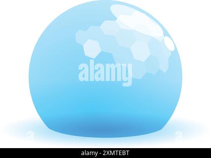 Blue sphere showing hexagonal shapes reflecting light on white background Stock Vector