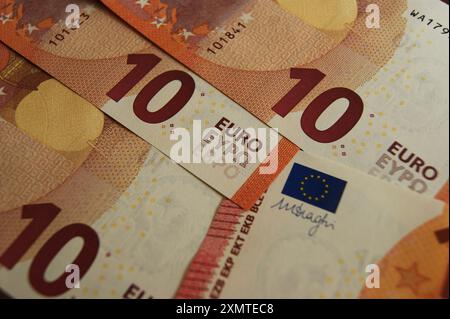 New 10 euro banknotes. Eurozone currency close-up. Stock Photo