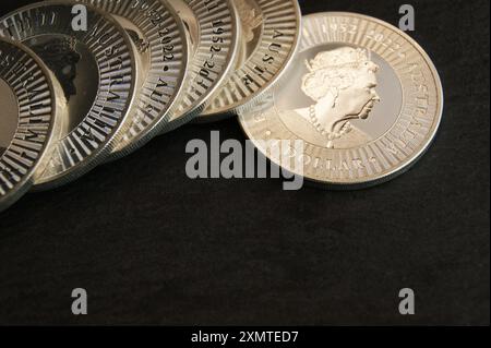 Australian commemorative pure silver investment coin 1 dollar Elizabeth II 1952-2022. Stock Photo