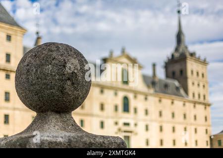 Close up of a stone sphere at the historic Monasterio de San Lorenzo de El Escorial in Madrid, Spain. The famous landmark showcases stunning architect Stock Photo