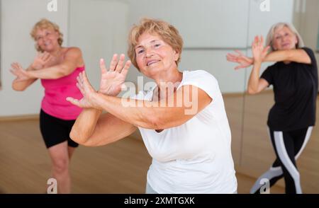Energetic elderly woman practicing vigorous dance movements Stock Photo