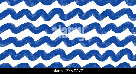 Brush, marker drawn bold doodle lines seamless pattern. Abstract modern geometric blue wavy ornament background. Stock Vector