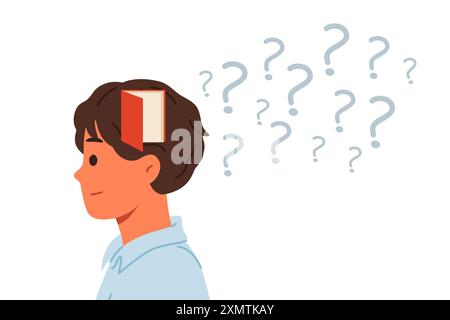 Memory problems in man standing near question marks with door in head, symbolizing alzheimer disease Stock Vector