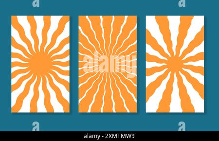 Vertical posters with groovy sun backgrounds. Orange wavy rays of sunburst, sunrise or sunset. Summer theme wallpapers. Modern psychedelic prints. Positive vibes designs. Vector flat illustration. Stock Vector