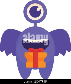 Cute, smiling, one eyed purple monster holding a gift box Stock Vector