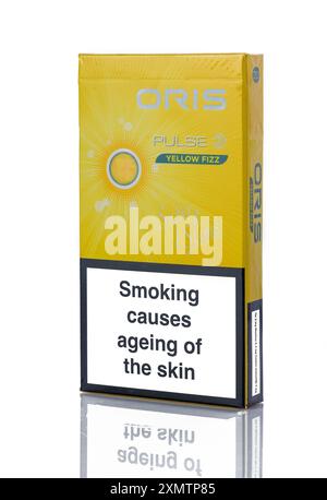 Gaziveren, Cyprus -07.23.2024 Pack of Oris cigarettes closeup on white  Stock Photo