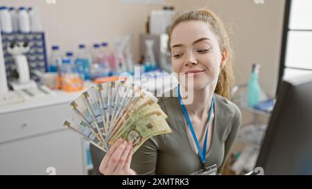 A young caucasian woman in a lab smiles while holding peruvian soles indoors Stock Photo