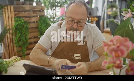 Bald man with moustache wearing apron using credit card at flower shop indoor Stock Photo