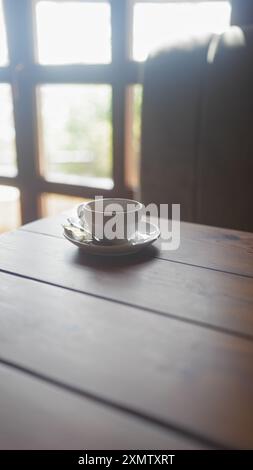 A cup of hot beverage on a wooden table with natural light coming from the windows in a cozy room. Stock Photo
