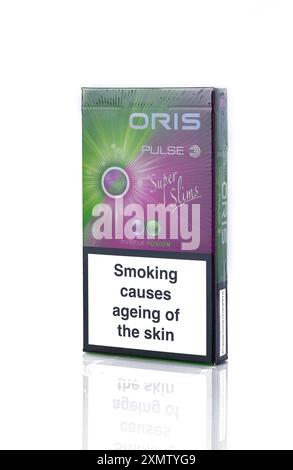 menthol oris cigarettes Gaziveren, Cyprus -07.23.2024 Pack of Oris cigarettes closeup on white  Stock Photo