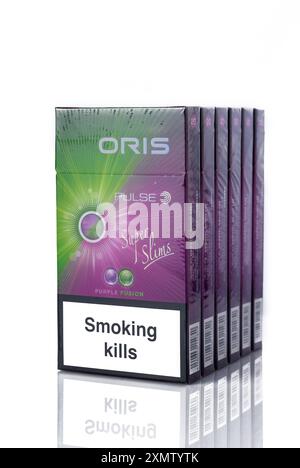 menthol oris cigarettes Gaziveren, Cyprus -07.23.2024 Pack of Oris cigarettes closeup on white  Stock Photo