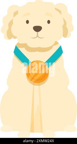 Cute poodle dog is sitting proudly, wearing a gold medal on a ribbon, showing its achievement and success Stock Vector