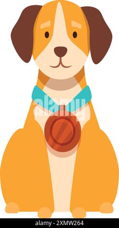 Proud beagle dog is sitting, wearing a blue ribbon medal award Stock Vector