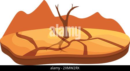 Dry cracked land suffering from drought with lonely dead tree is depicting global warming effect Stock Vector