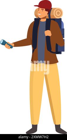 Male tourist carrying backpack and holding flashlight, hiking in forest, camping adventure Stock Vector