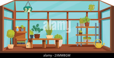 Plants growing in pots on shelves and wooden table in greenhouse interior with glass walls Stock Vector