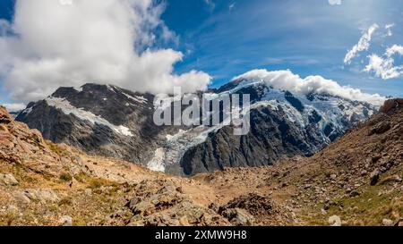 Breathtaking Landscpe from Muller Hut Route with Mount Cook, Glacial Lake and Snowy Peaks in Aoraki/Mount Cook National Park, New Zealand Stock Photo