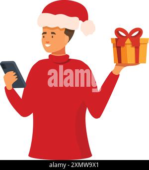 Young man wearing a santa hat is holding a christmas present and using a smartphone Stock Vector