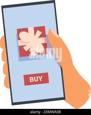 Hand holding smartphone with gift box on screen and pressing buy button Stock Vector