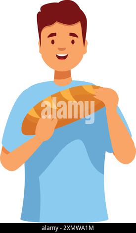 Young man is holding a loaf of bread, smiling Stock Vector